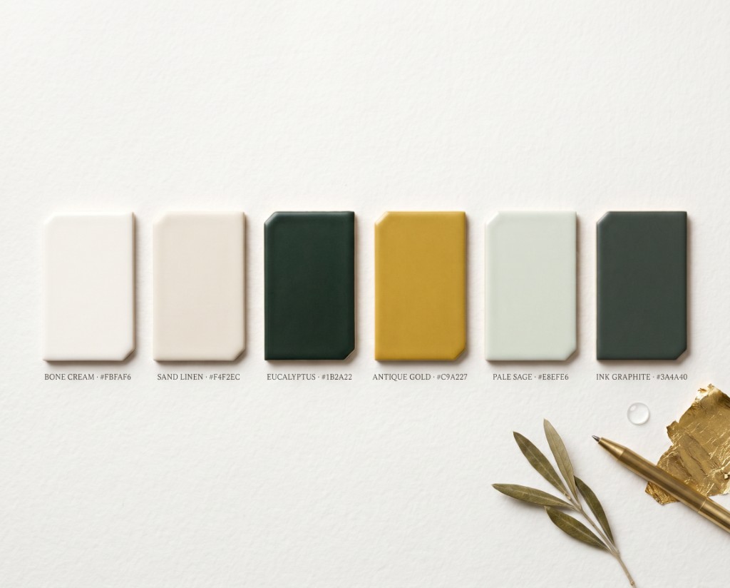 Carta brand color palette swatches: bone cream, sand linen, eucalyptus green, antique gold, pale sage, and ink graphite.