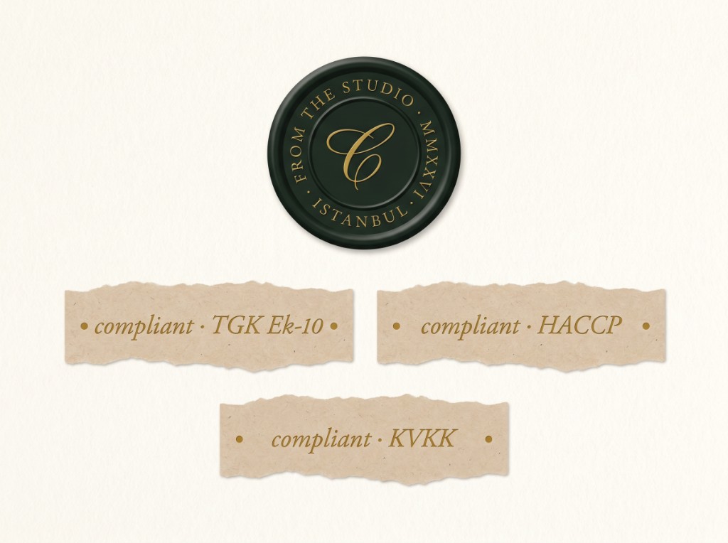 Compliance badge artwork: TGK Ek-10 nutrition tables, HACCP, and KVKK references.