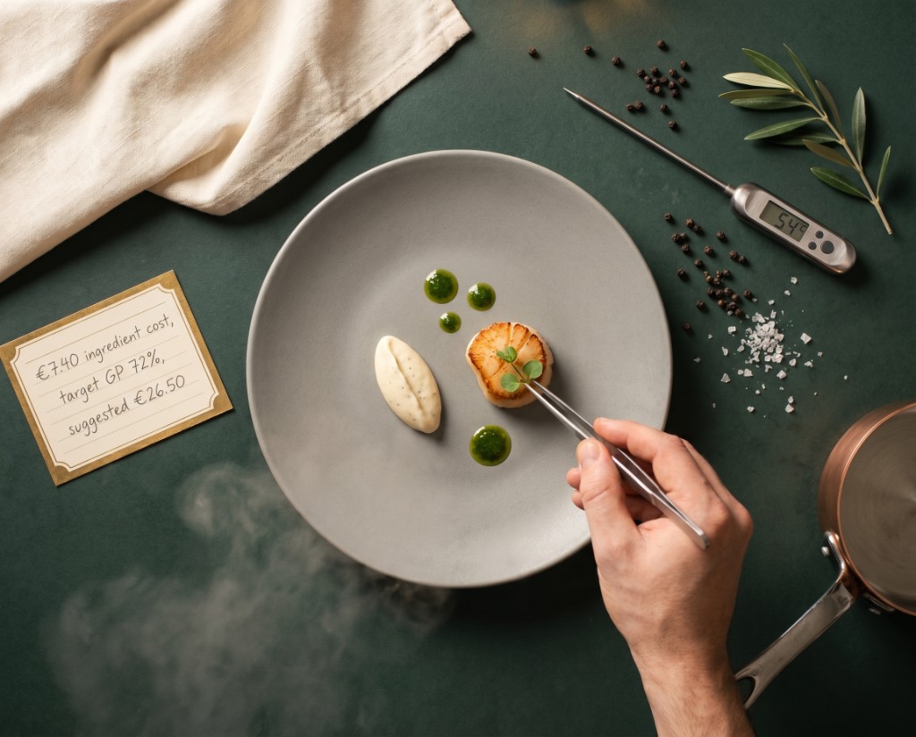 Editorial still life: composed plate and glassware for an F&B operations studio.